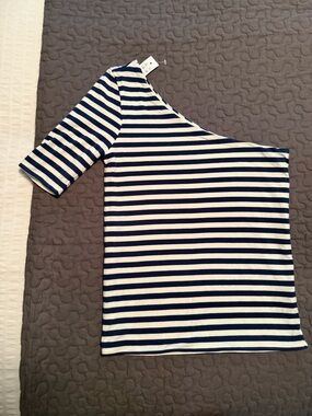 J. Crew Navy and White Striped One-Shoulder Tee